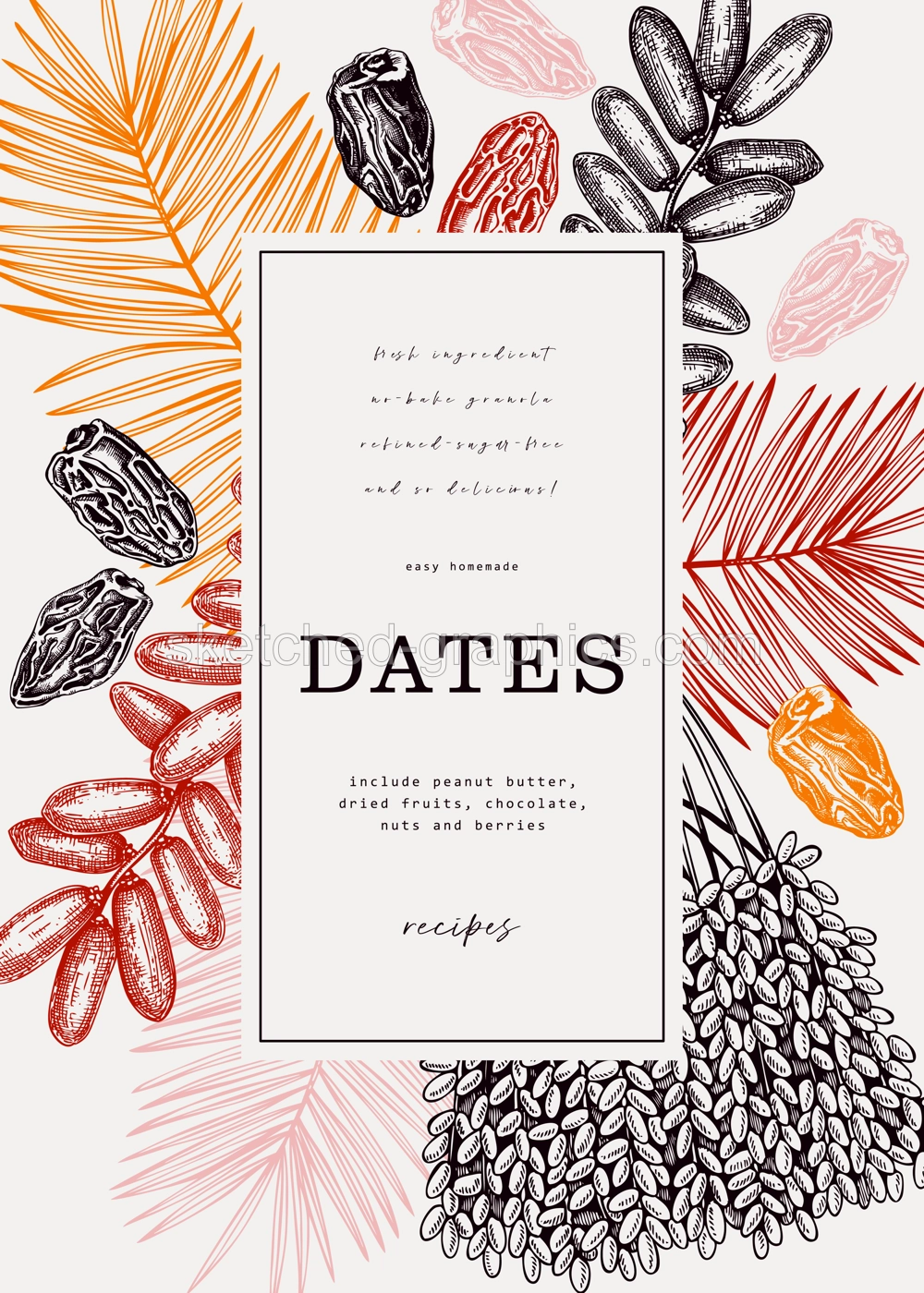 Sketched wreath design with date palm leaves and dried fruits illustrations in engraved style. Hand drawn vegan food ingredients vector background. Oriental sweets sketches - dried dates banner  Illustration